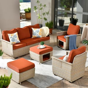 Sierra Beige 5-Piece Wicker Outdoor Patio Conversation Sofa Seating Set with Pet House/Bed and Orange Red Cushions
