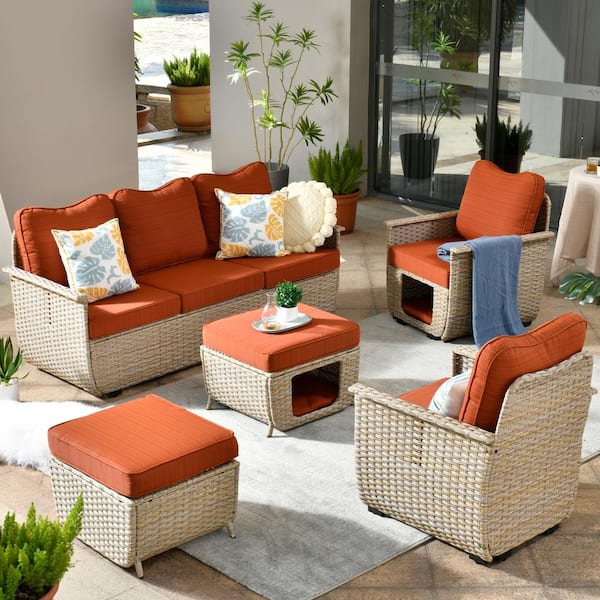 HOOOWOOO Sierra Beige 5-Piece Wicker Outdoor Patio Conversation Sofa Seating Set with Pet House/Bed and Orange Red Cushions