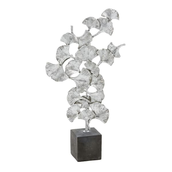 Litton Lane 3 in. x 19 in. Silver Polystone Floral Sculpture with Black Block Base