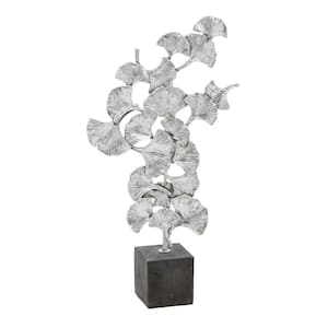 3 in. x 19 in. Silver Polystone Floral Sculpture with Black Block Base