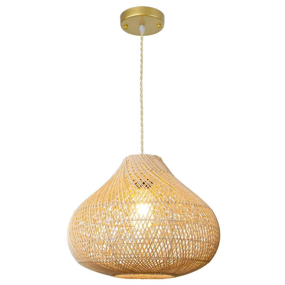 1-Light Gold Rattan Large Boho Hand Woven Coastal Wicker Pendant Light Fixt