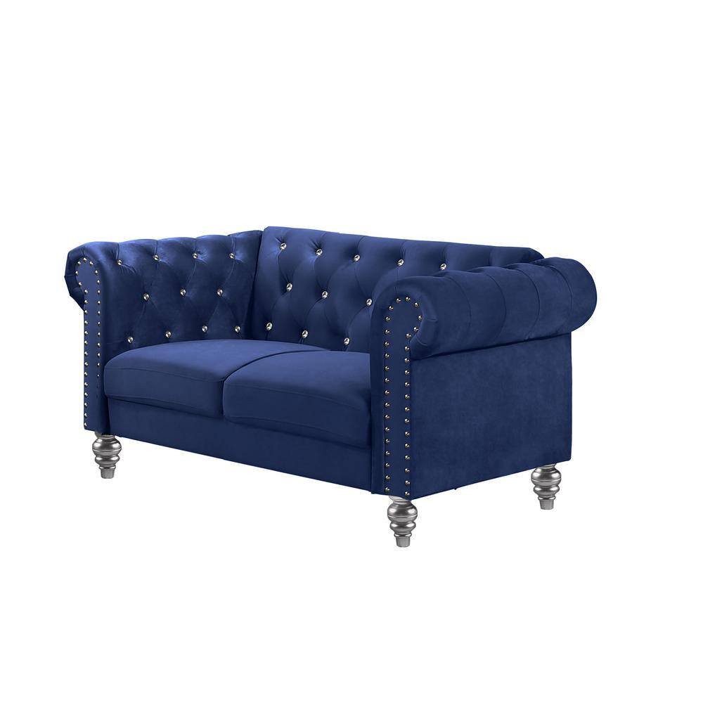 Emma Royal Blue Velvet Loveseat and Sofa Set with Crystal Buttons