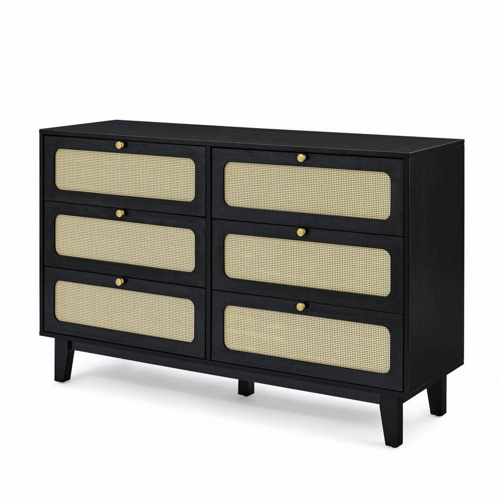 Black 6-Drawer 52 in. Dresser Wood Bedroom Dresser Modern Drawer Chest Draw