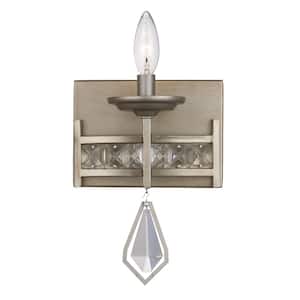 1-Light Antique Silver Leaf Indoor Wall Sconce Light Fixture with Crystal Jewel