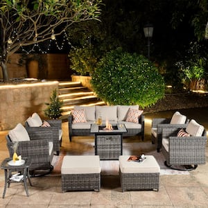 New Vultures Gray 9-Piece Wicker Patio Fire Pit Conversation Seating Set with Beige Cushions and Swivel Rocking Chairs