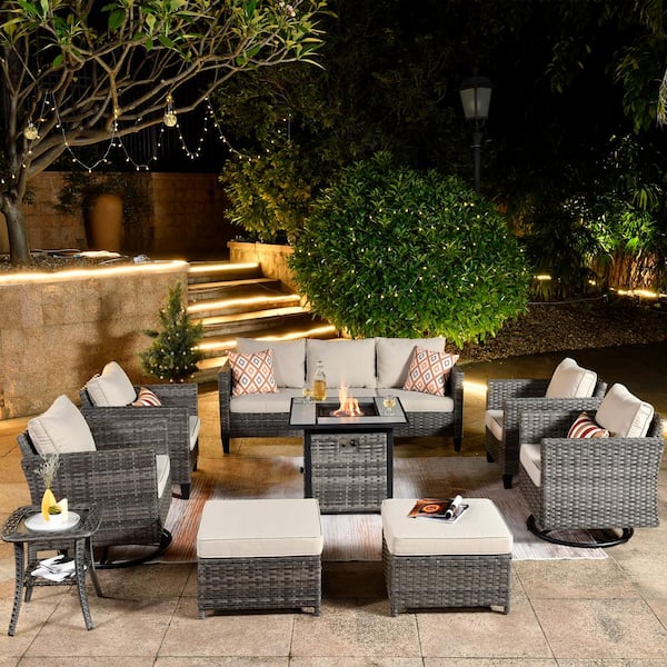 OVIOS New Vultures Gray 9-Piece Wicker Patio Fire Pit Conversation Seating Set with Beige Cushions and Swivel Rocking Chairs