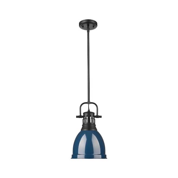 Golden Lighting Duncan 14.25 in. 1 Light Matte Black Pendant Light with Navy Blue Shade