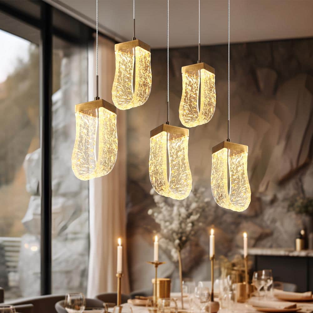 Aeyilana Brass and Crystal 5-Light LED Kitchen Island Pendant