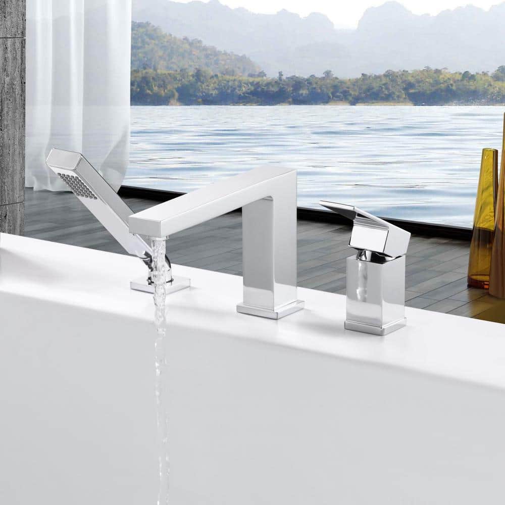 Polished Chrome Single Handle Deck-Mounted Tub Faucet with Hand Shower
