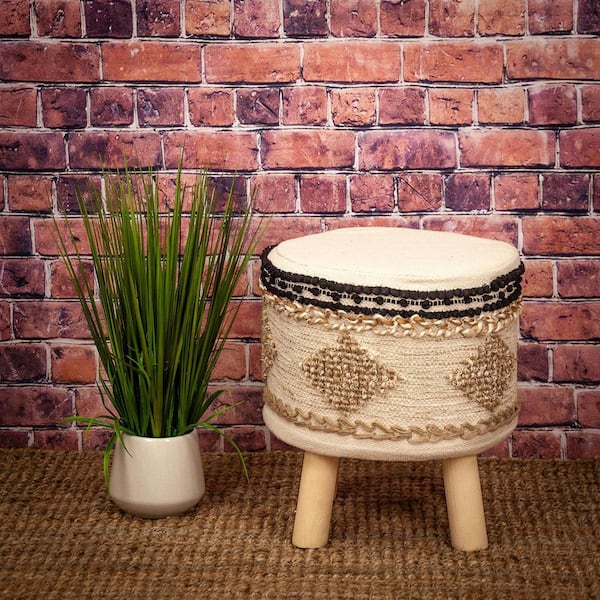 Guroom Beige Cotton Round 15.75 X 15.75 X 15.75 Pouf