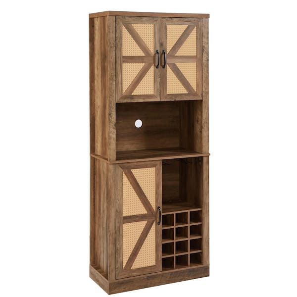 76 in. Tall Oak Kitchen Wine Cabinet, Farmhouse Coffee Bar Cupboard with Faux Rattan Barn Doors and Microwave Shelves