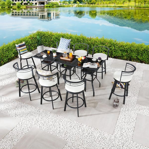 Patio Festival 11-Piece Metal Bar Height Outdoor Dining Set with Beige Cushions
