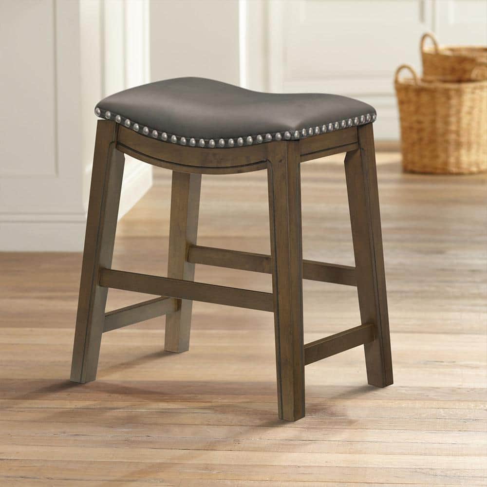 Modern Gray Leather Saddle Counter Stool with Nailhead Trim