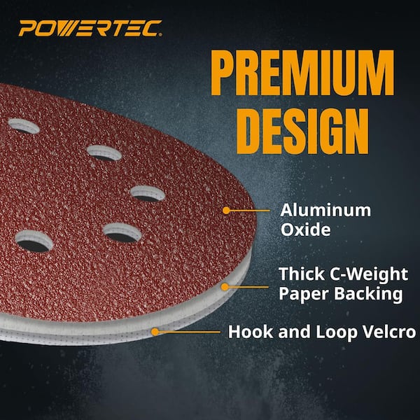 POWERTEC 5 in. 8 Hole Hook and Loop Sanding Discs, 60/80/100/120