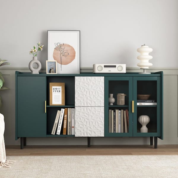 Green MDF 59.1 in. W Sideboard Pantry Storage Cabinet with 2-Glass Doors