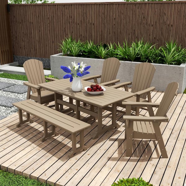 WESTIN OUTDOOR Altura Outdoor Patio Weather Resistant 6-Piece HDPE Plastic Weatherwood Rectangle Adirondack Dining Set With Bench