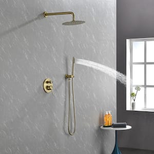 2-Spray Patterns with 2 GPM 10 in. Wall Mount Dual Shower Heads with High Pressure Shower head in Brushed Gold