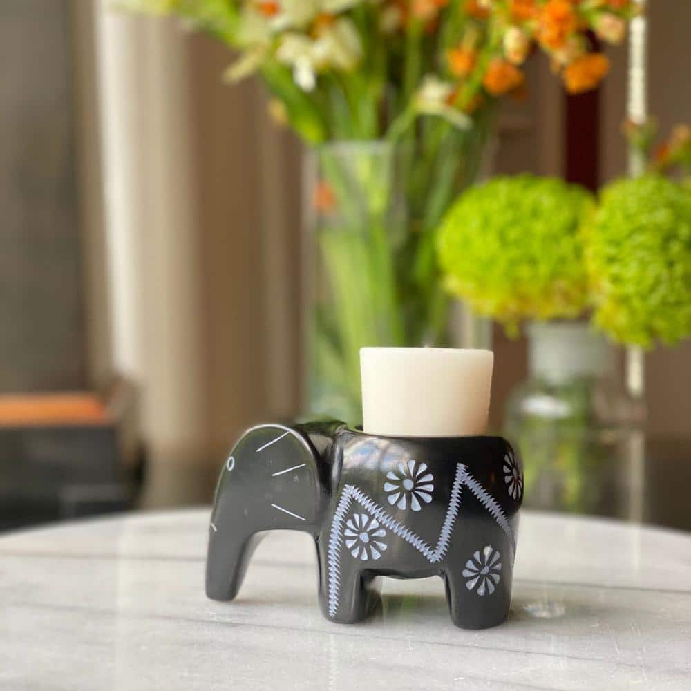 Tea Light Black Elephant Soapstone with Etch Design