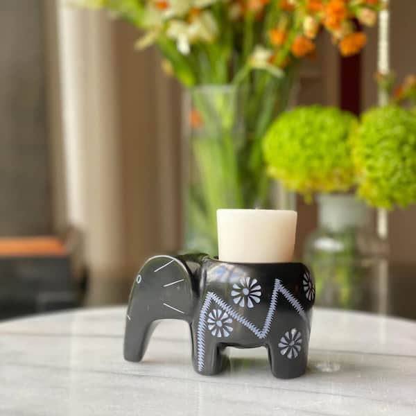 Unbranded Tea Light Black Elephant Soapstone with Etch Design