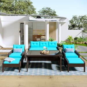 6-Piece Brown Wicker Outdoor Sectional Conversation Seating Set with Blue Cushions and Dining Table
