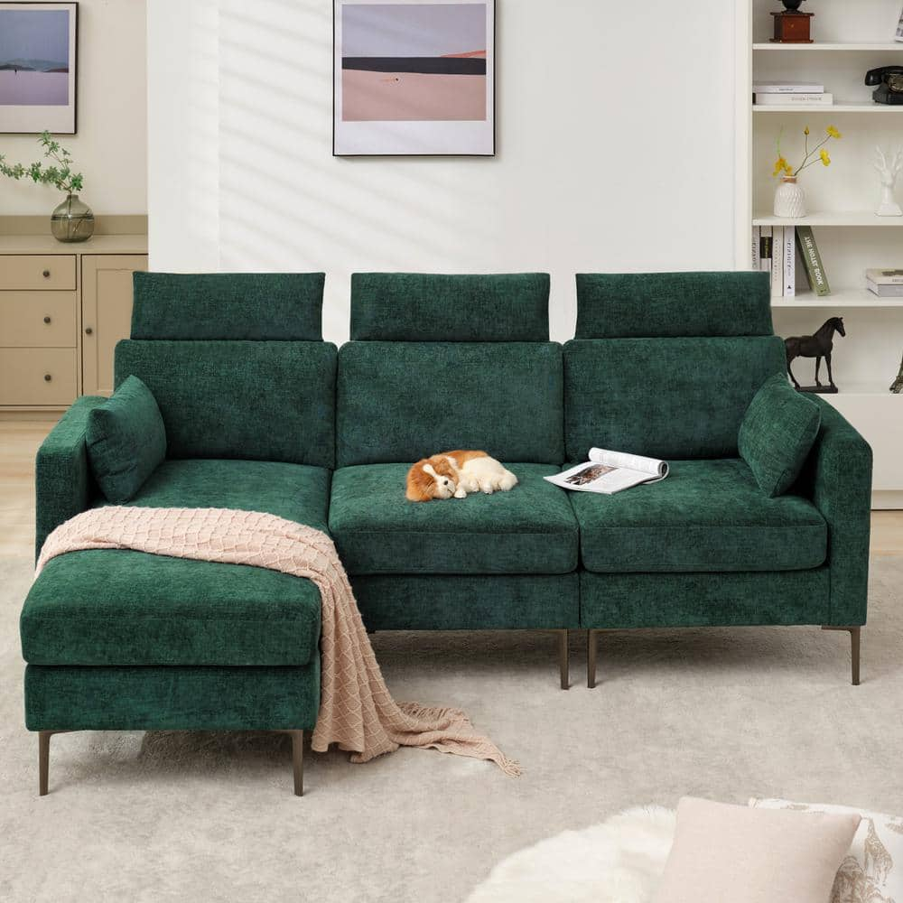 89 in. Square Arm Fabric L Shape Sectional Sofa with Chaise Lounge and Pillow in Green -  JEAREY, XNE-1-Green