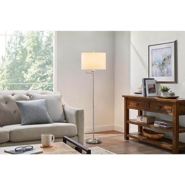 Hampton Bay Loring 59.75 in. Brushed Nickel Swing Arm Floor Lamp with White Fabric Shade