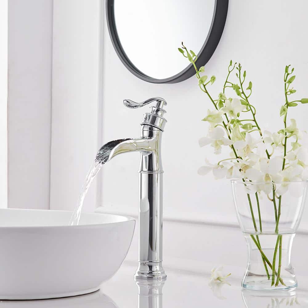 Polished Chrome Tall Waterfall Vessel Sink Faucet with Lever Handle