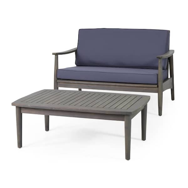 Dark Gray Frame Acacia Wood Outdoor Loveseat & Coffee Table with Gray Water-Resistant Cushions, for Porche Patios & Deck