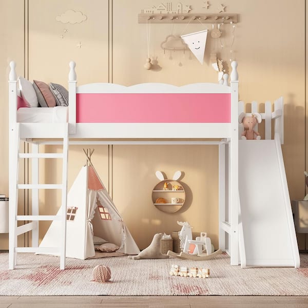 Polibi White/Pink Full Loft Bed with Storage Shelves and Wardrobe 