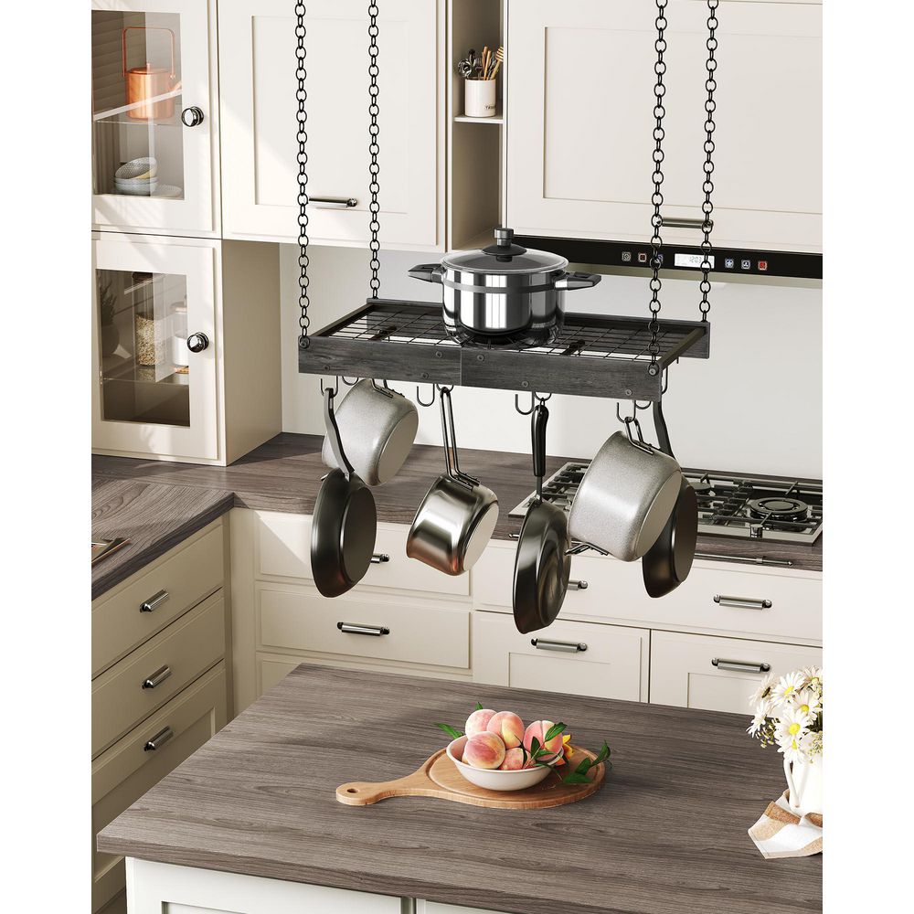 Vintage Ceiling Mounted Charcoal Black Pot Rack, Pot and Pan Hanging Rack with 12 S-Shaped Hooks, for Cookware Storage