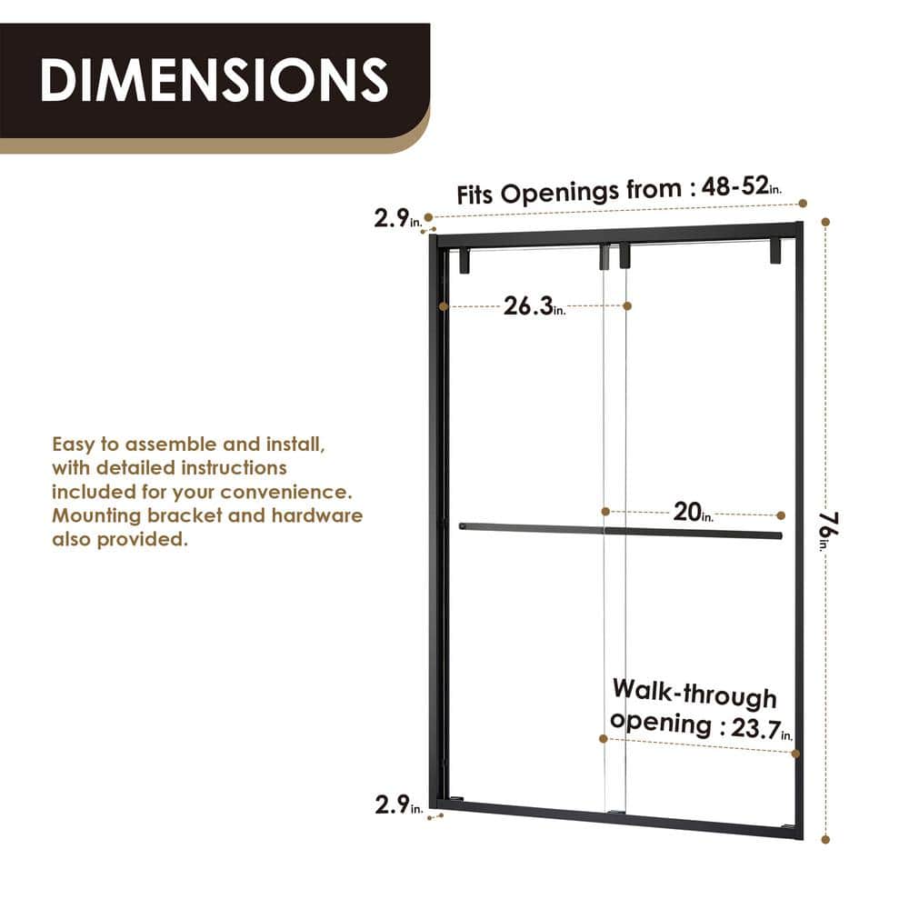 Matte Black 52" x 76" Frameless Clear Glass Shower Door