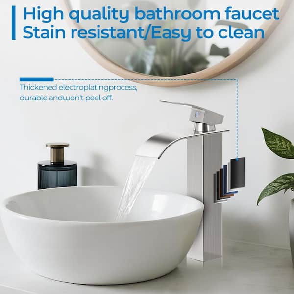 Single Handle Waterfall Vessel Sink Faucet with Pop-Up Drain in Brushed Nickel