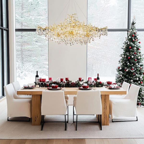 14-Lights Gold Luxury Crystal Linear Chandelier, Modern Tree Branch Chandelier for Dinning Room, Kitchen, Living Room
