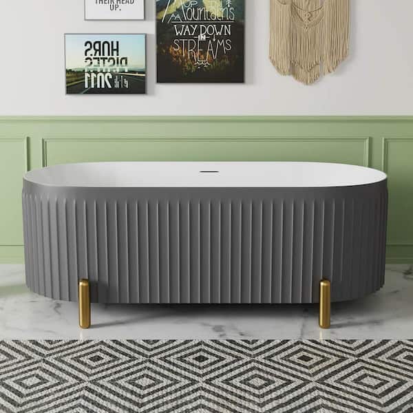 INSTER Doric 67 in. x 31 in. Acrylic Non-Whirlpool Soaking Bathtub with Center Drain Metal Support Paw in Gray