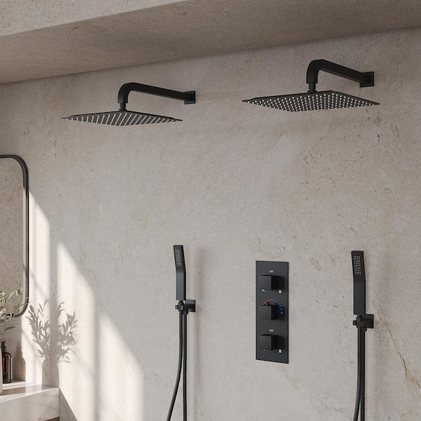 GRANDJOY ZenithRain Shower System 8-Spray 12 and 12 in. Dual Wall Mount Fixed and Handheld Shower Head 2.5 GPM in Matte Black
