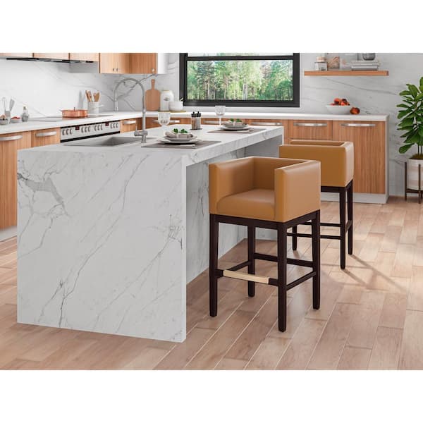 Kingsley 30 in. Camel and Dark Walnut Beech Wood Bar Stool with Faux Leather Upholstered Seat