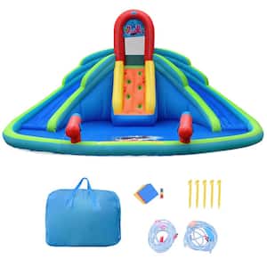 Blue Inflatable Bounce House Blue Water Park with Splash Pool Dual Slides Climbing Wall