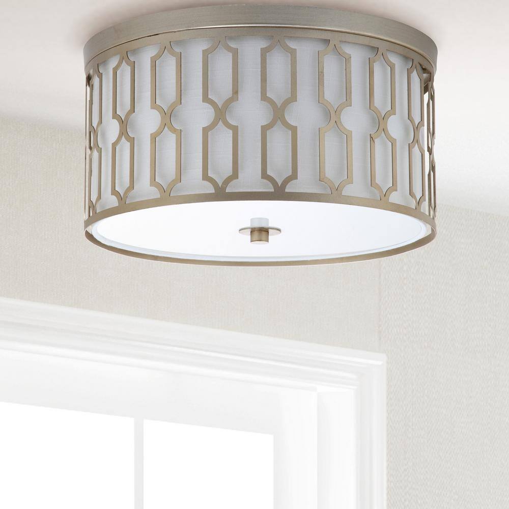 Soft Gold Geometric 3-Light LED Flush Mount with White Linen Shade