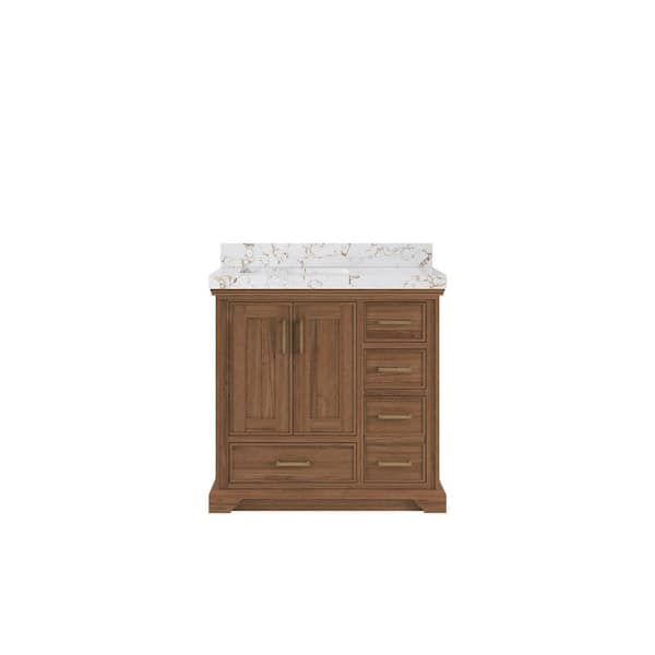 Willow Collections Charlotte Teak 36 in. W x 22 in. D x 36 in. H Left Offset Sink Bath Vanity in Dark Natural with 2 in. Viola Gold Top