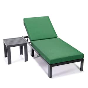 Chelsea Modern Black Aluminum Outdoor Patio Chaise Lounge Chair with Side Table and Green Cushions