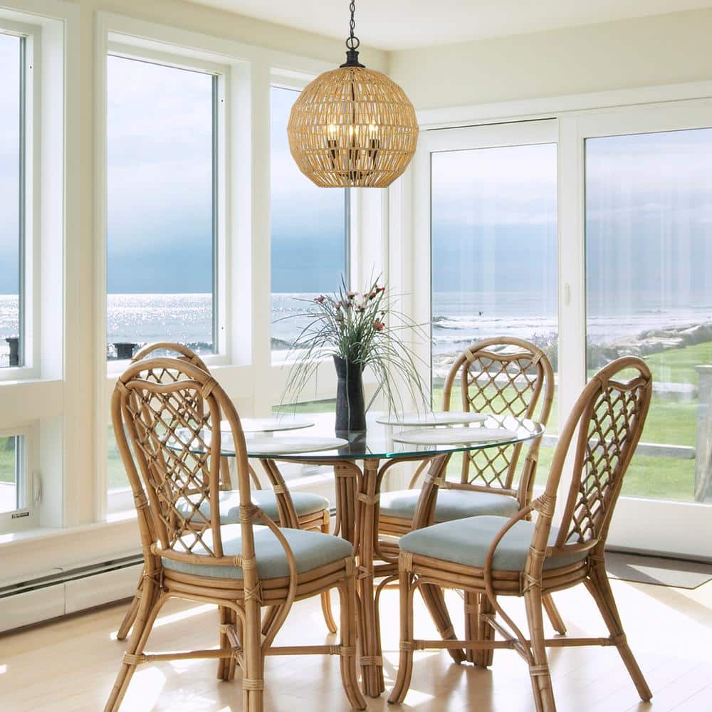 Matte Black Steel 3-Light Pendant with Natural Raphia Rope