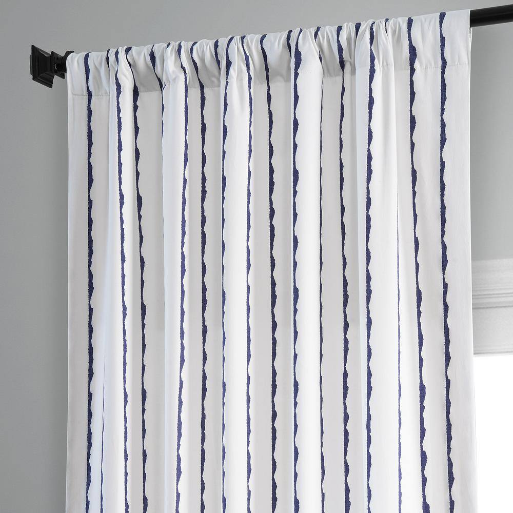 Sharkskin Blue and White Striped Cotton Room Darkening Curtain Panel