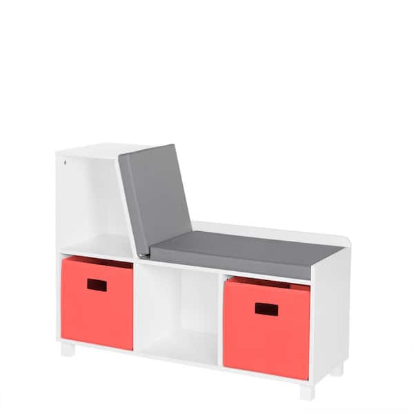 RiverRidge Home 35 in. Wide Painted Kids Reading Nook Cushioned Toy Storage Bench with Cubby Organizers and 2-Coral Fabric Bins