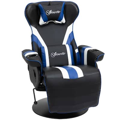 Modern Black White Blue PVC Race Video Game Chair with Reclining Backrest and Footrest Headrest and Cup Holder