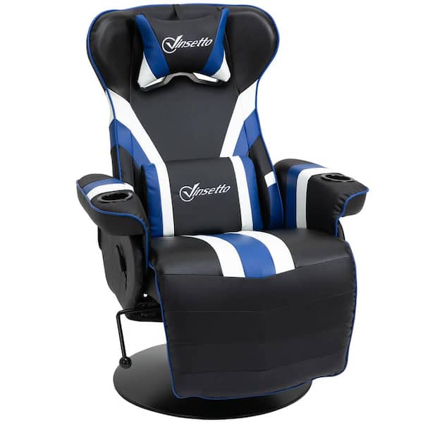 Vinsetto Modern Black White Blue Pvc Race Video Game Chair With Reclining Backrest And Footrest Headrest And Cup Holder 833 888v80bu The Home Depot