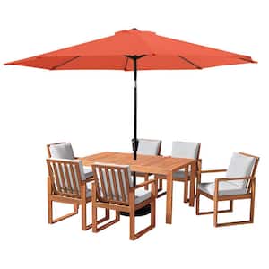8 Piece Set, Weston Wood Outdoor Dining Table Set with 6 Cushioned Chairs, and 10-Foot Auto Tilt Umbrella Orange