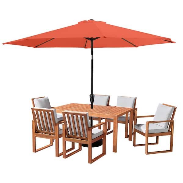 Alaterre Furniture 8 Piece Set, Weston Wood Outdoor Dining Table Set with 6 Cushioned Chairs, and 10-Foot Auto Tilt Umbrella Orange