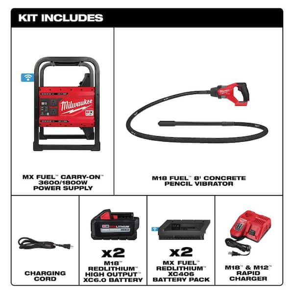 MX FUEL 3600-Watt/1800-Watt Battery Powered Push Start Generator with M18 FUEL 8 ft. Concrete Pencil Vibrator Kit