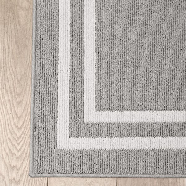Machine Washable Non-Skid Light Gray/White  2.2 ft. x 6 ft. All Loop Tufted Area Rug