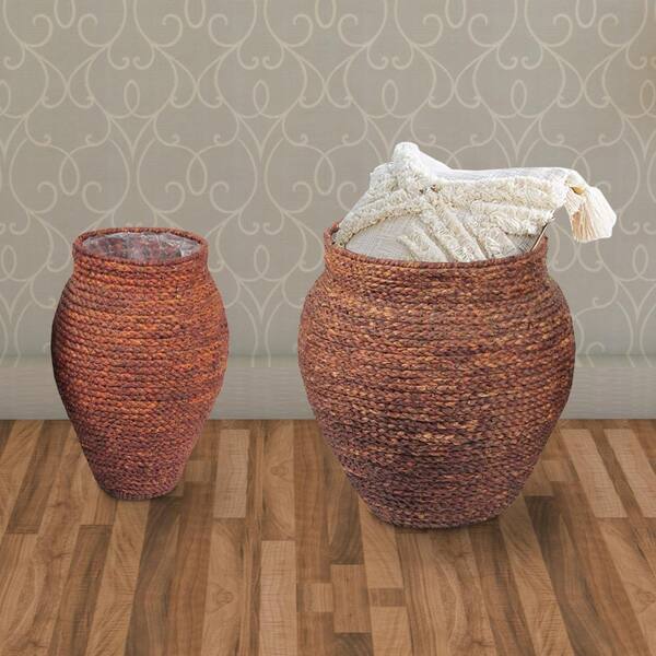 Benjara Brown Seagrass Woven Patterned Baskets (Set of 2)